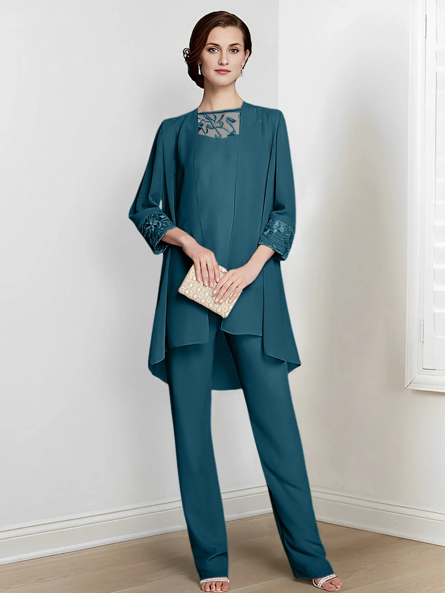 Chiffon Square Neck Long Sleeves Floor-Length Mother Of The Bride Pantsuits With Jacket - Image 73