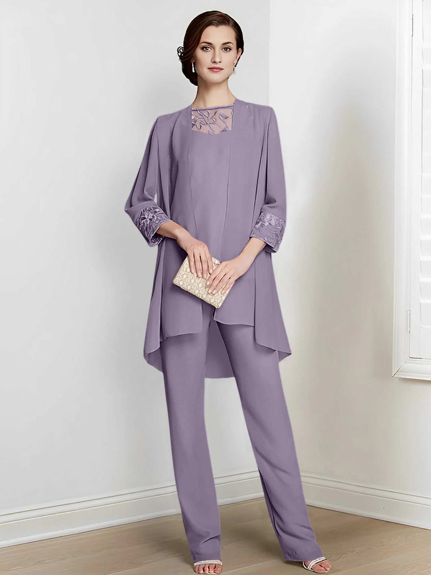 Chiffon Square Neck Long Sleeves Floor-Length Mother Of The Bride Pantsuits With Jacket - Image 77