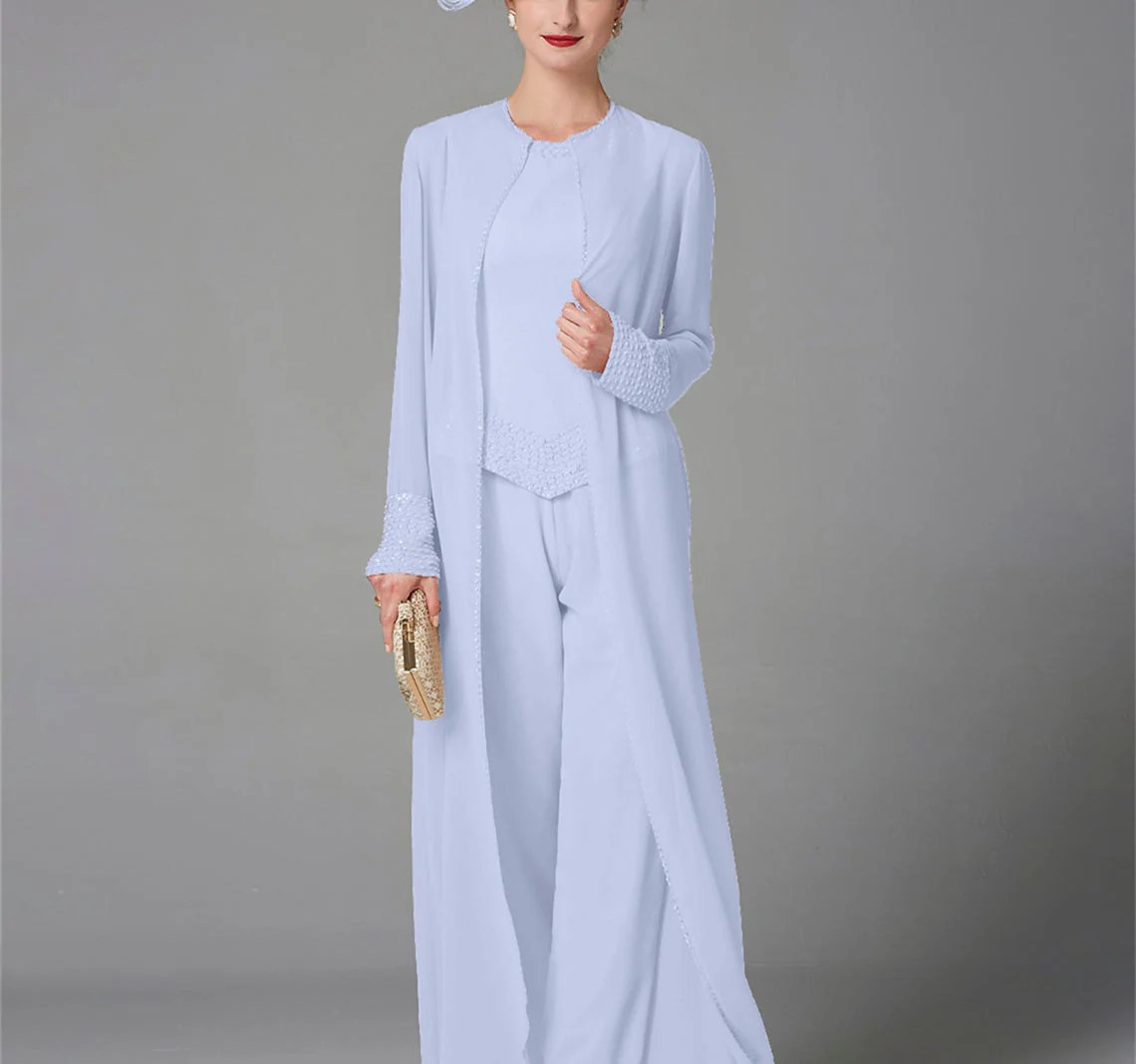 Chiffon Long Sleeves Mother of the Bride Pantsuits with Jacket & Sequins - Image 32