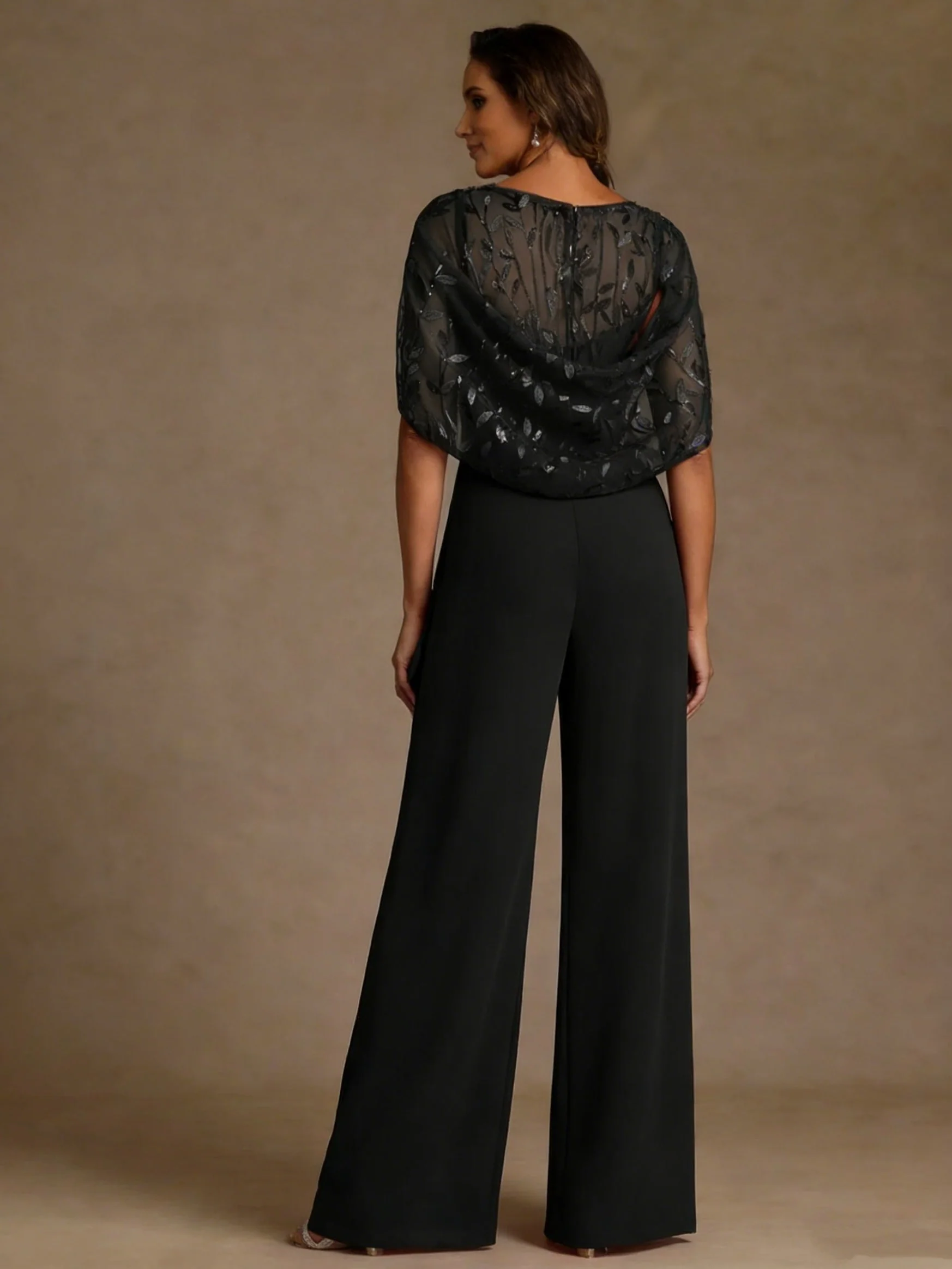 Chiffon Mother of the Bride Jumpsuits Scoop Lace Floor-Length Cape Sleeves - Image 2