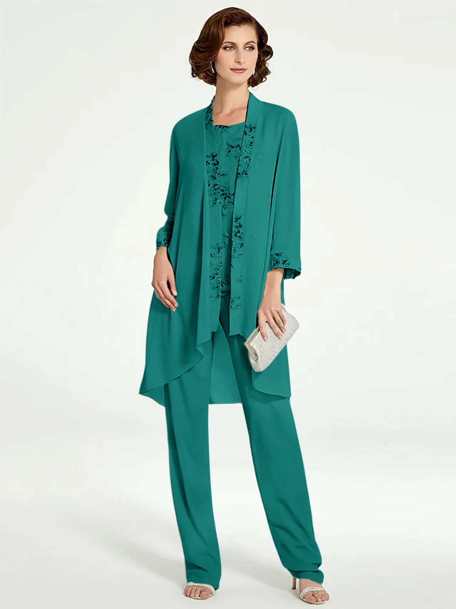 Chiffon Round Neck Floor-Length Mother of the Bride Pantsuits with Jacket - Image 42