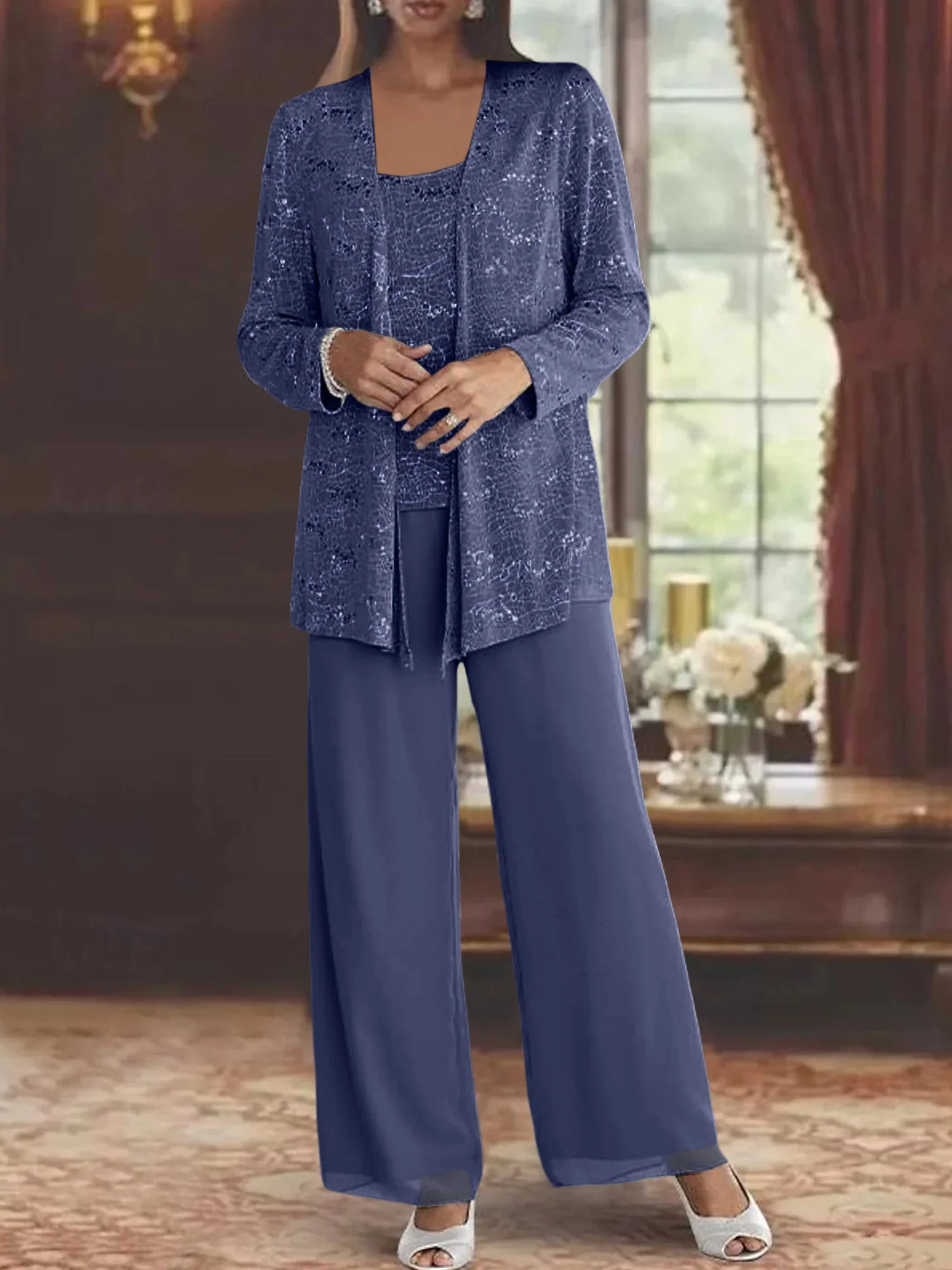 Chiffon Mother of the Bride Pantsuits with Jacket & Sequins - Image 16