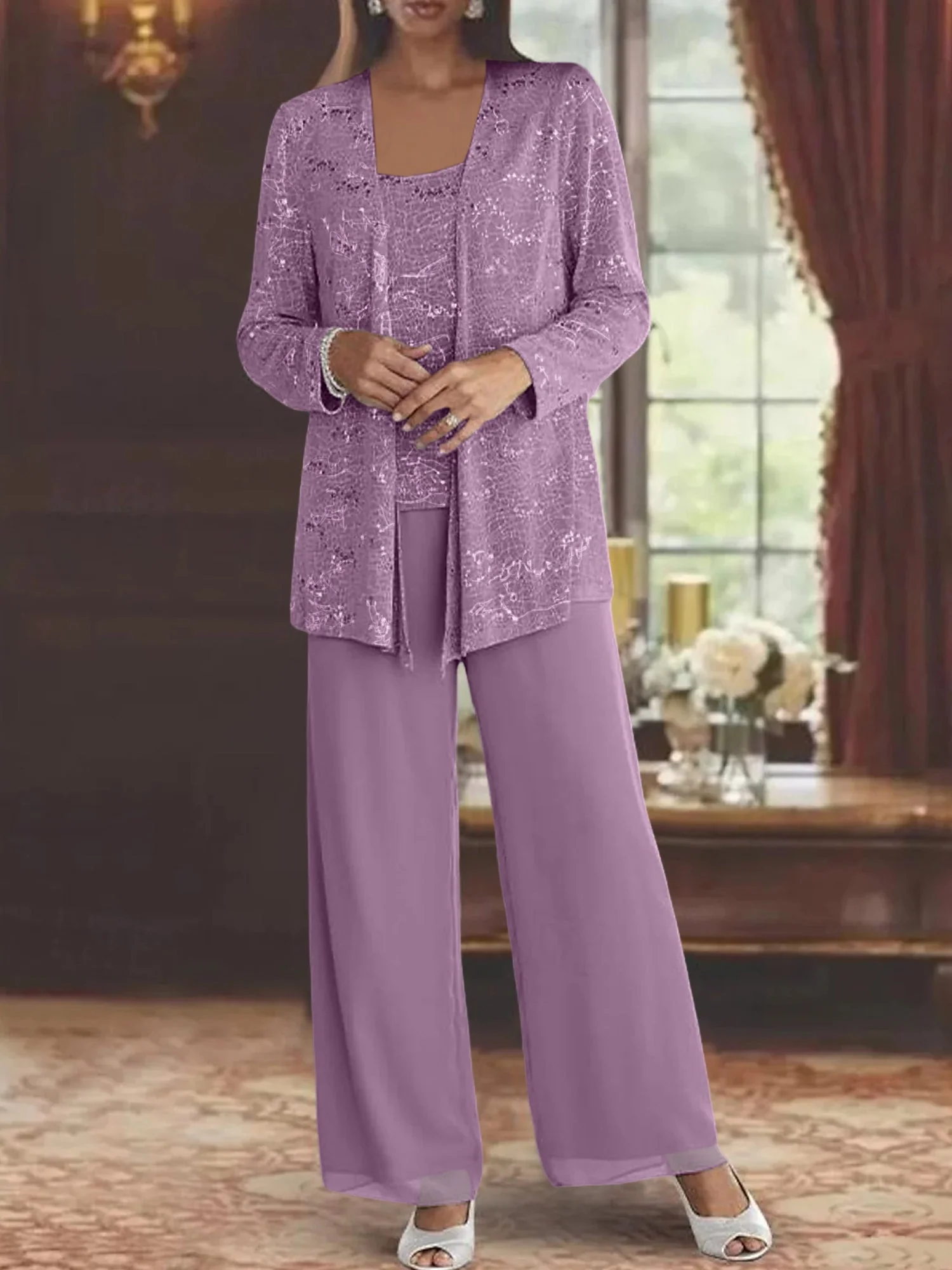 Chiffon Mother of the Bride Pantsuits with Jacket & Sequins - Image 31