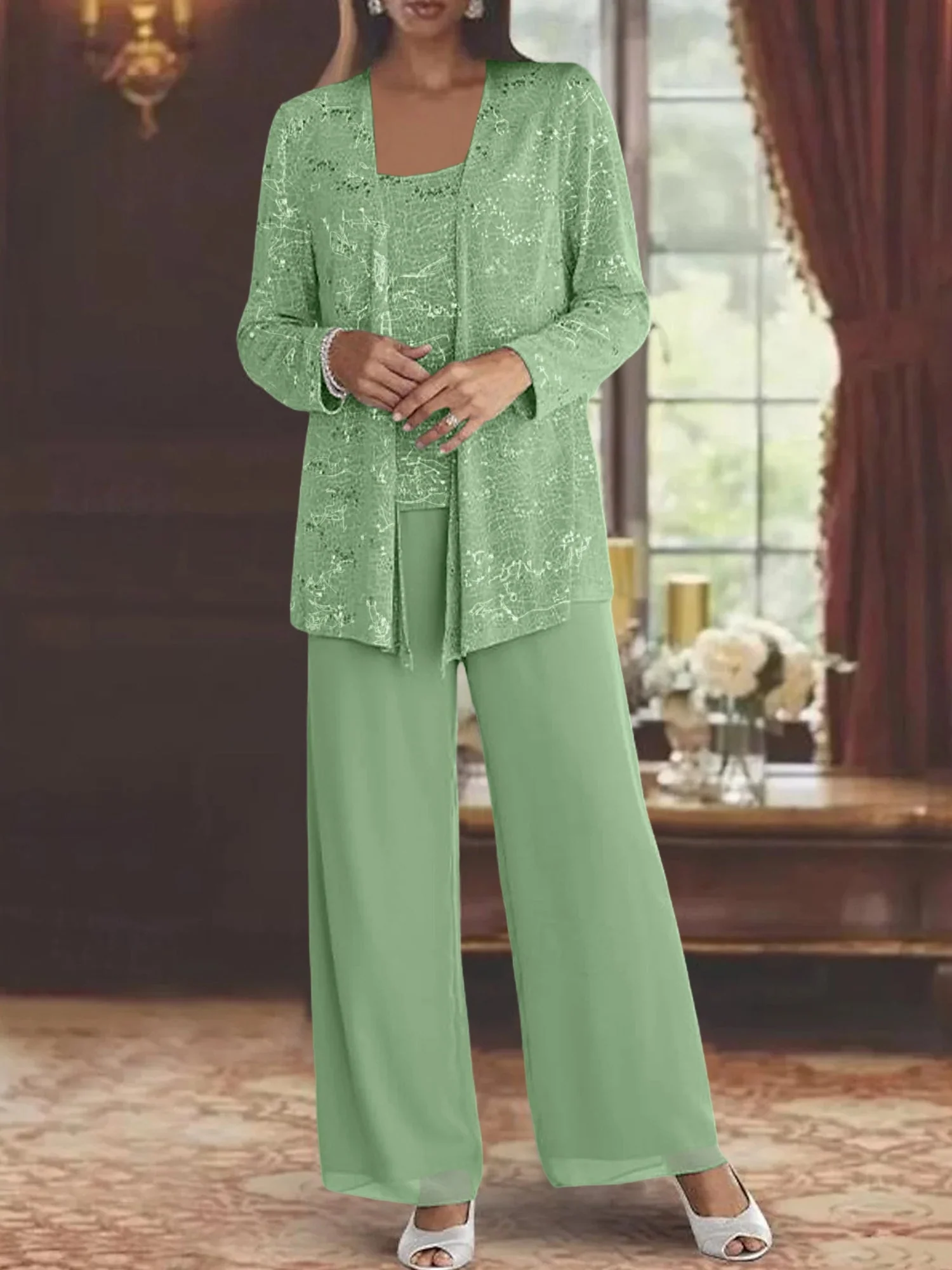 Chiffon Mother of the Bride Pantsuits with Jacket & Sequins - Image 33