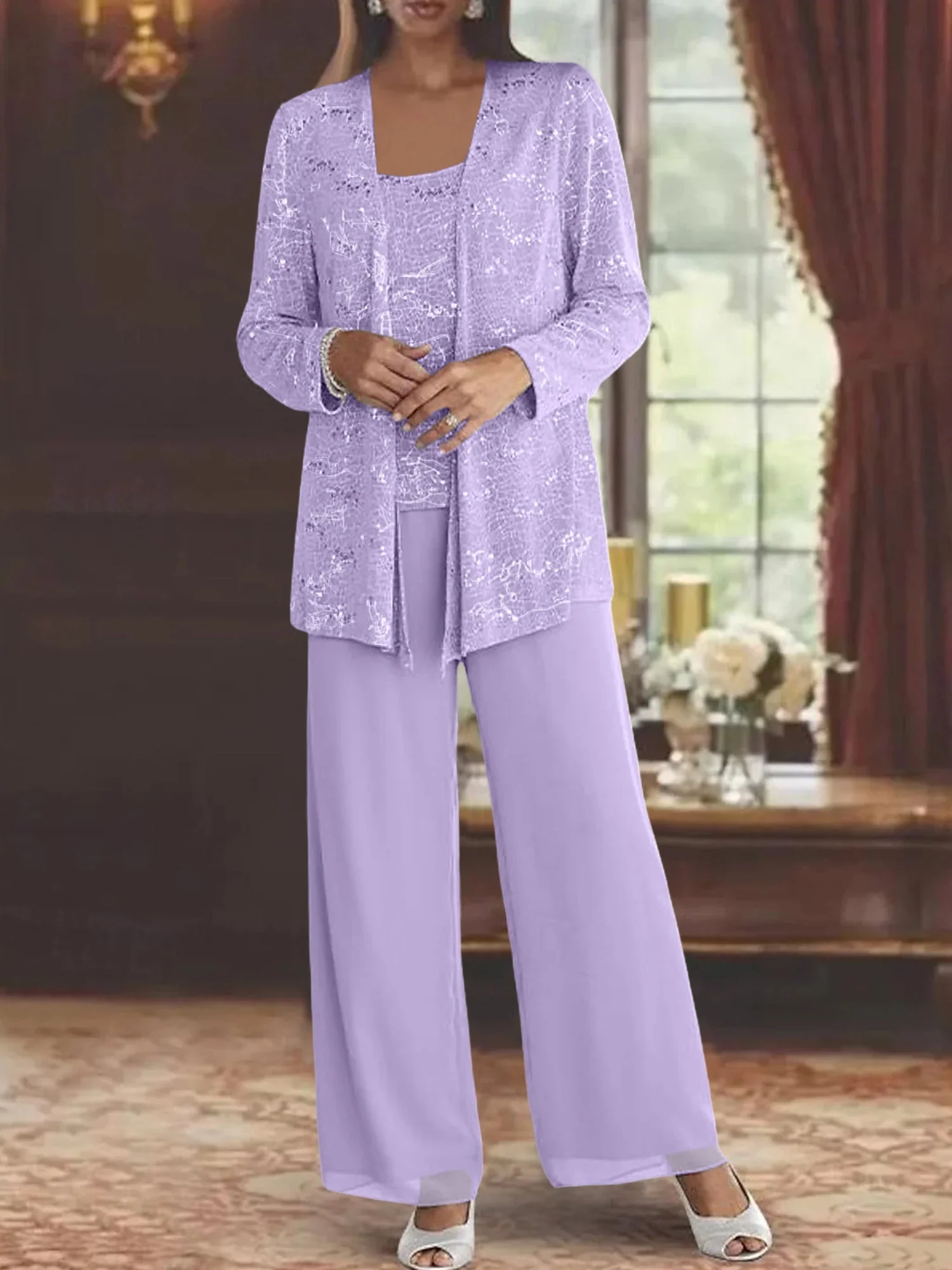 Chiffon Mother of the Bride Pantsuits with Jacket & Sequins - Image 49