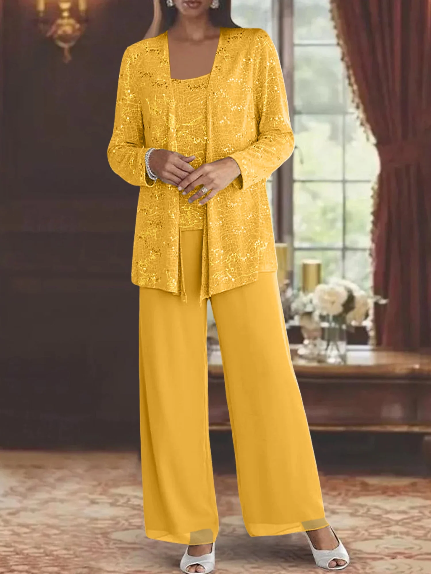 Chiffon Mother of the Bride Pantsuits with Jacket & Sequins - Image 54