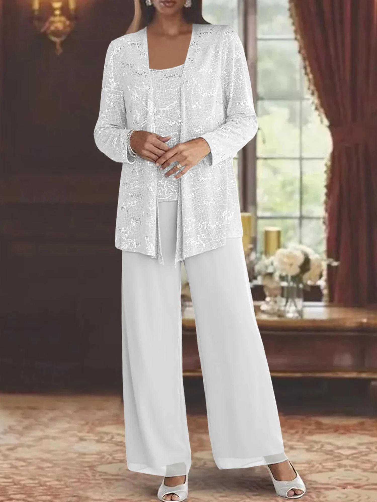 Chiffon Mother of the Bride Pantsuits with Jacket & Sequins - Image 70