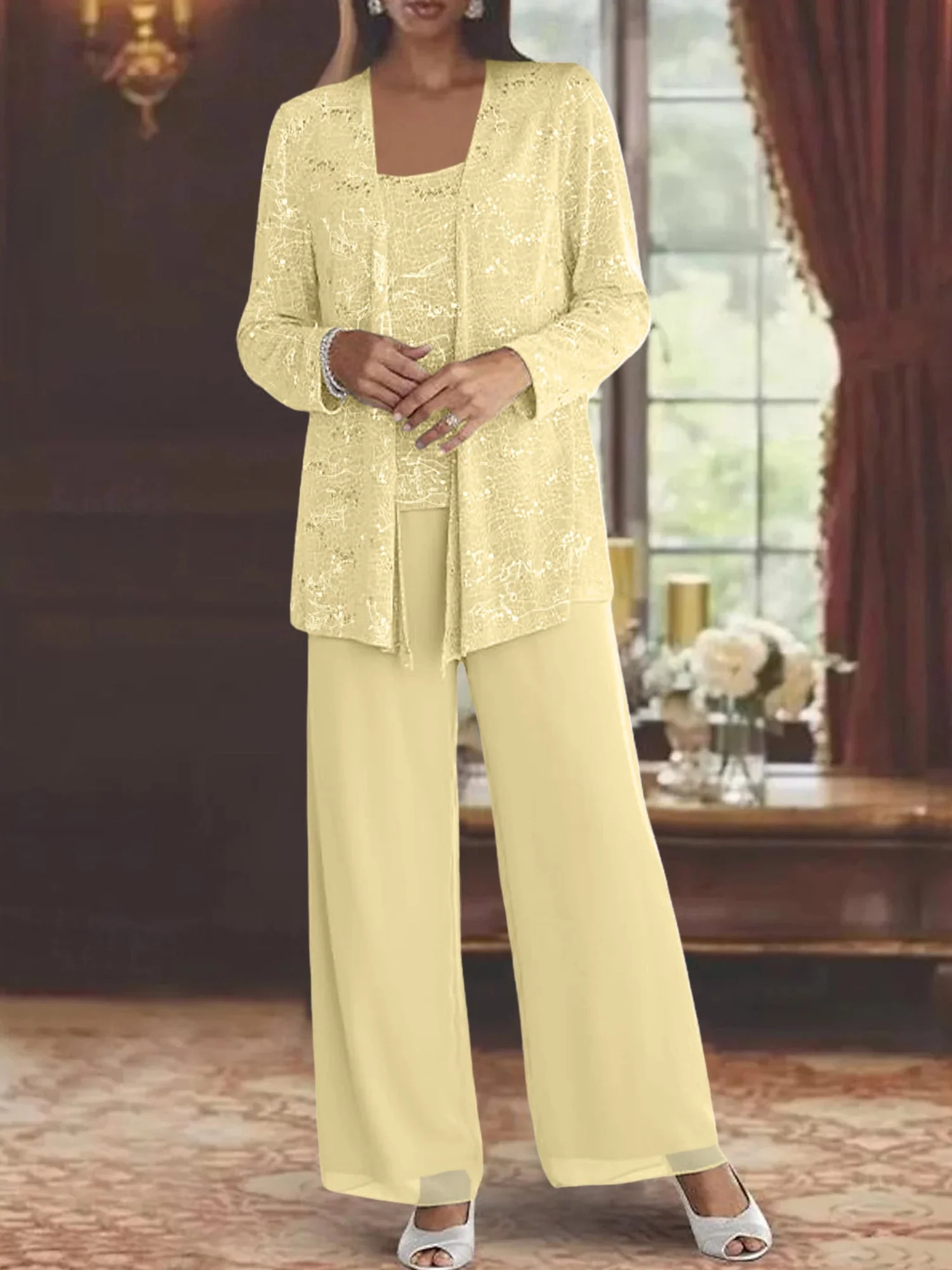 Chiffon Mother of the Bride Pantsuits with Jacket & Sequins - Image 73