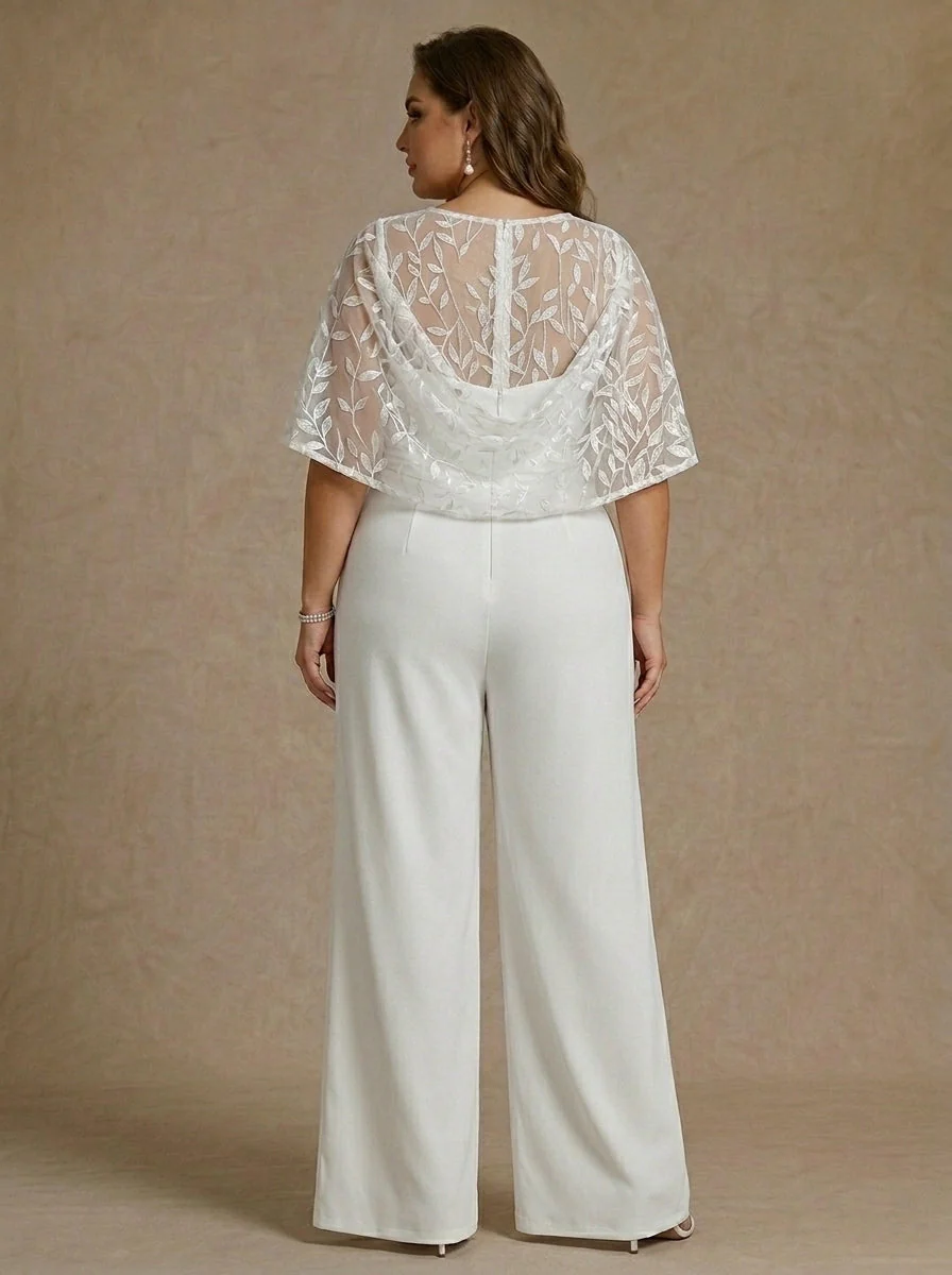 Chiffon Plus Size Mother of the Bride Jumpsuits Scoop Lace Floor-Length Cape Sleeves - Image 2