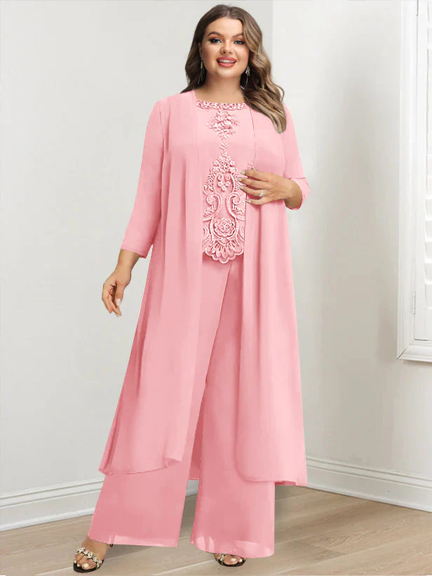 Chiffon Round Neck Floor-Length Plus Size Mother Of The Bride Pantsuits With Jacket & Applique - Image 12