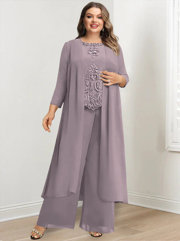 Chiffon Round Neck Floor-Length Plus Size Mother Of The Bride Pantsuits With Jacket & Applique - Image 21