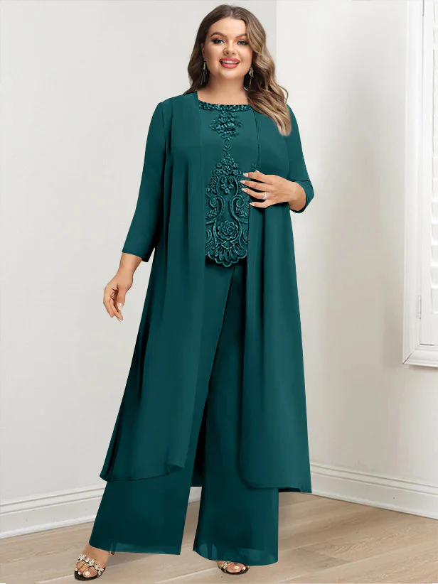 Chiffon Round Neck Floor-Length Plus Size Mother Of The Bride Pantsuits With Jacket & Applique - Image 29