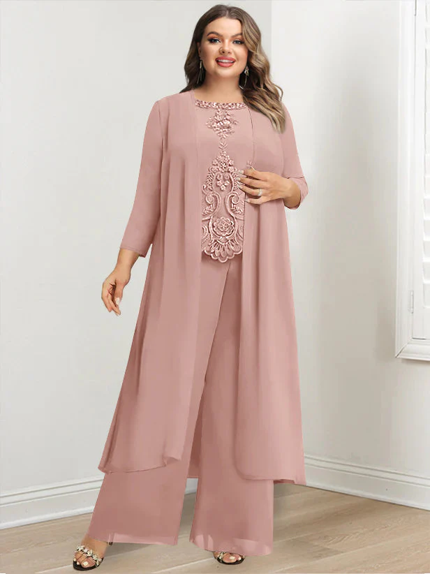 Chiffon Round Neck Floor-Length Plus Size Mother Of The Bride Pantsuits With Jacket & Applique - Image 34