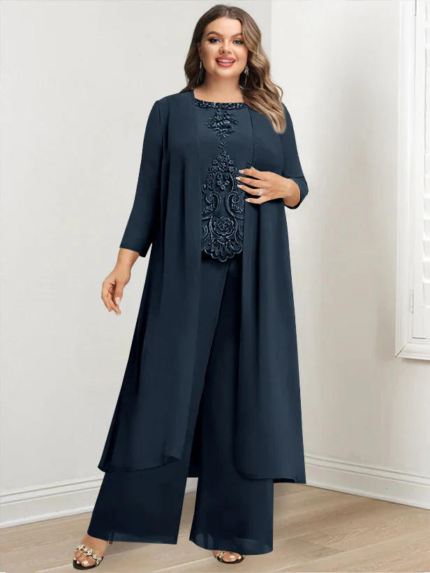 Chiffon Round Neck Floor-Length Plus Size Mother Of The Bride Pantsuits With Jacket & Applique - Image 37