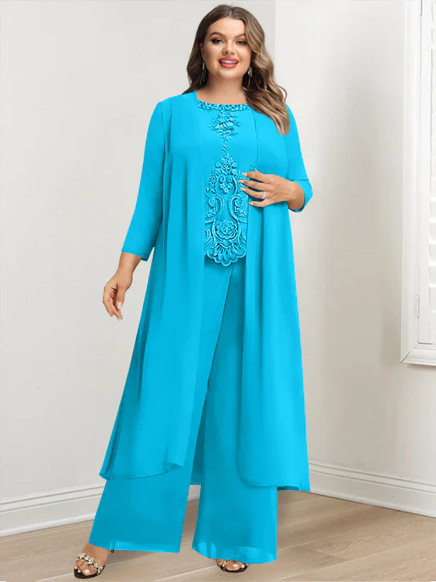 Chiffon Round Neck Floor-Length Plus Size Mother Of The Bride Pantsuits With Jacket & Applique - Image 38