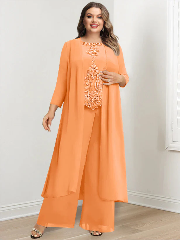 Chiffon Round Neck Floor-Length Plus Size Mother Of The Bride Pantsuits With Jacket & Applique - Image 39
