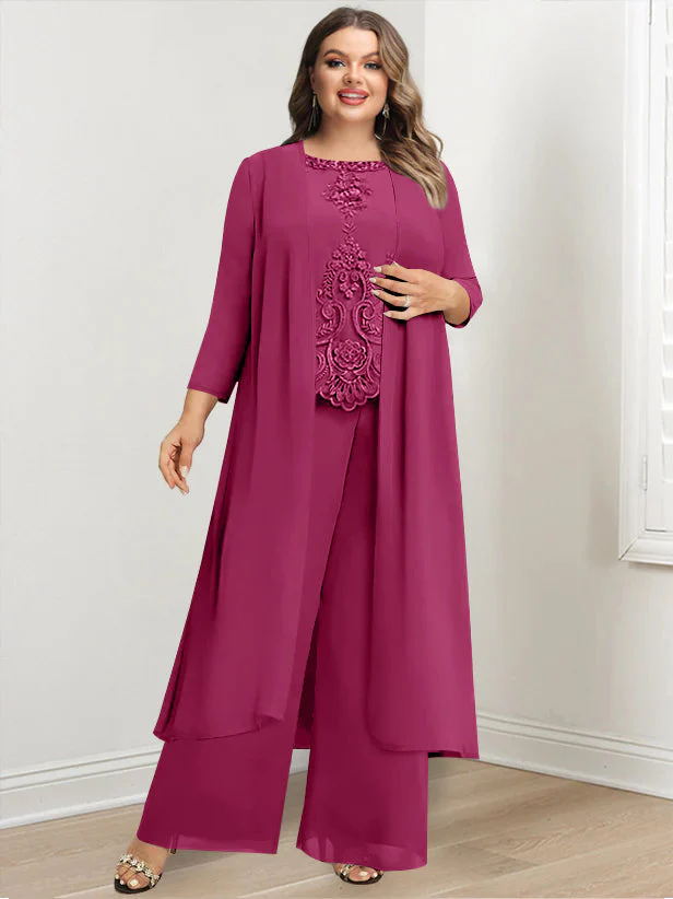 Chiffon Round Neck Floor-Length Plus Size Mother Of The Bride Pantsuits With Jacket & Applique - Image 40