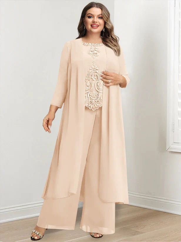 Chiffon Round Neck Floor-Length Plus Size Mother Of The Bride Pantsuits With Jacket & Applique - Image 42