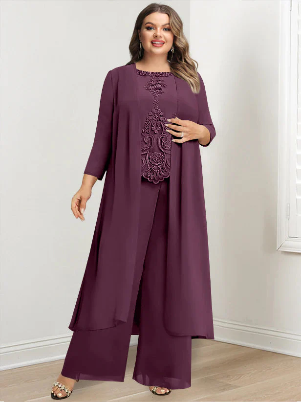 Chiffon Round Neck Floor-Length Plus Size Mother Of The Bride Pantsuits With Jacket & Applique - Image 44