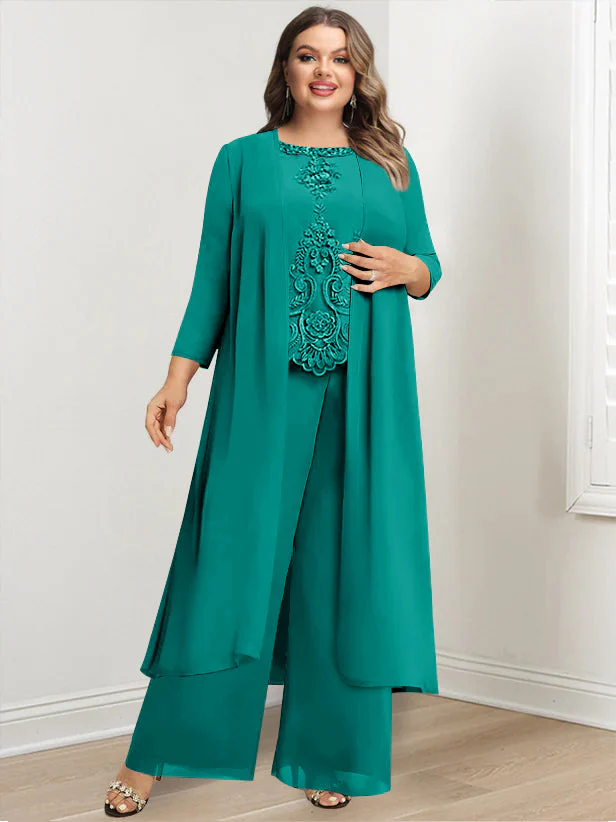 Chiffon Round Neck Floor-Length Plus Size Mother Of The Bride Pantsuits With Jacket & Applique - Image 45