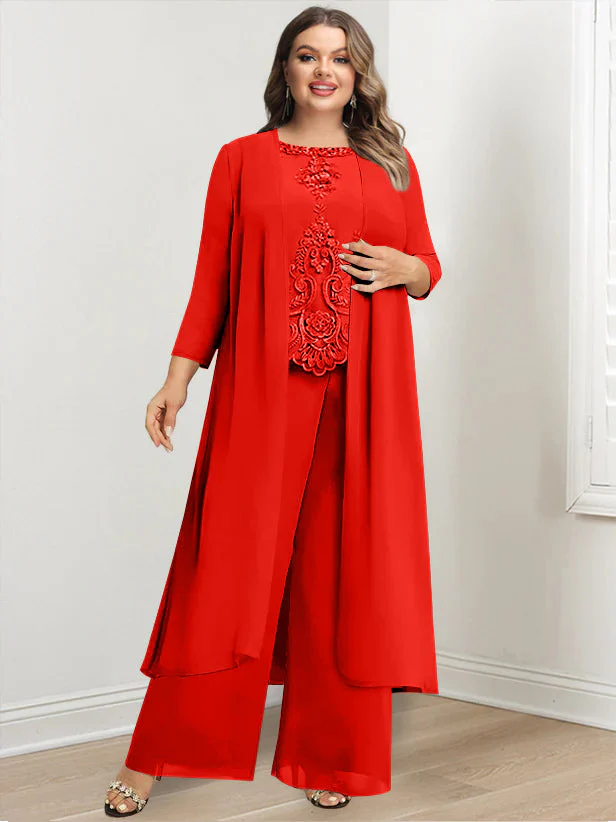 Chiffon Round Neck Floor-Length Plus Size Mother Of The Bride Pantsuits With Jacket & Applique - Image 46