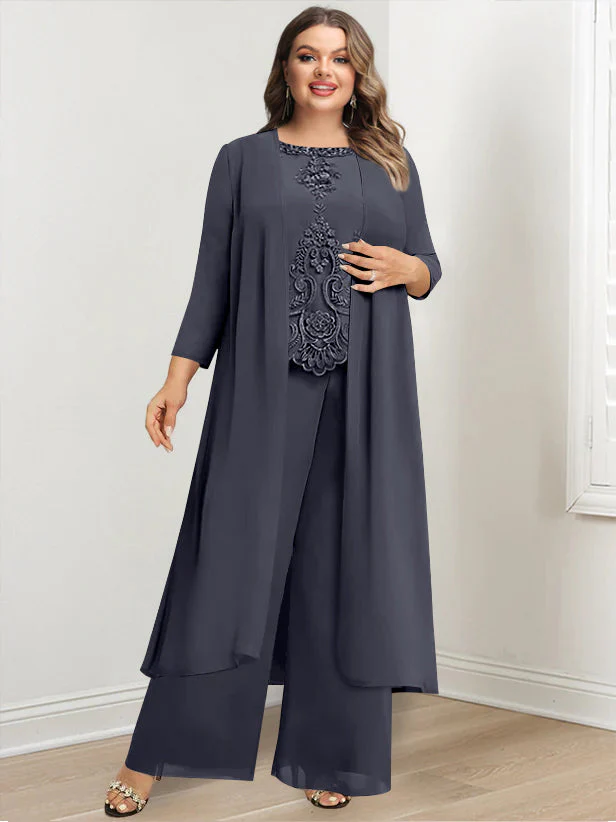 Chiffon Round Neck Floor-Length Plus Size Mother Of The Bride Pantsuits With Jacket & Applique - Image 53