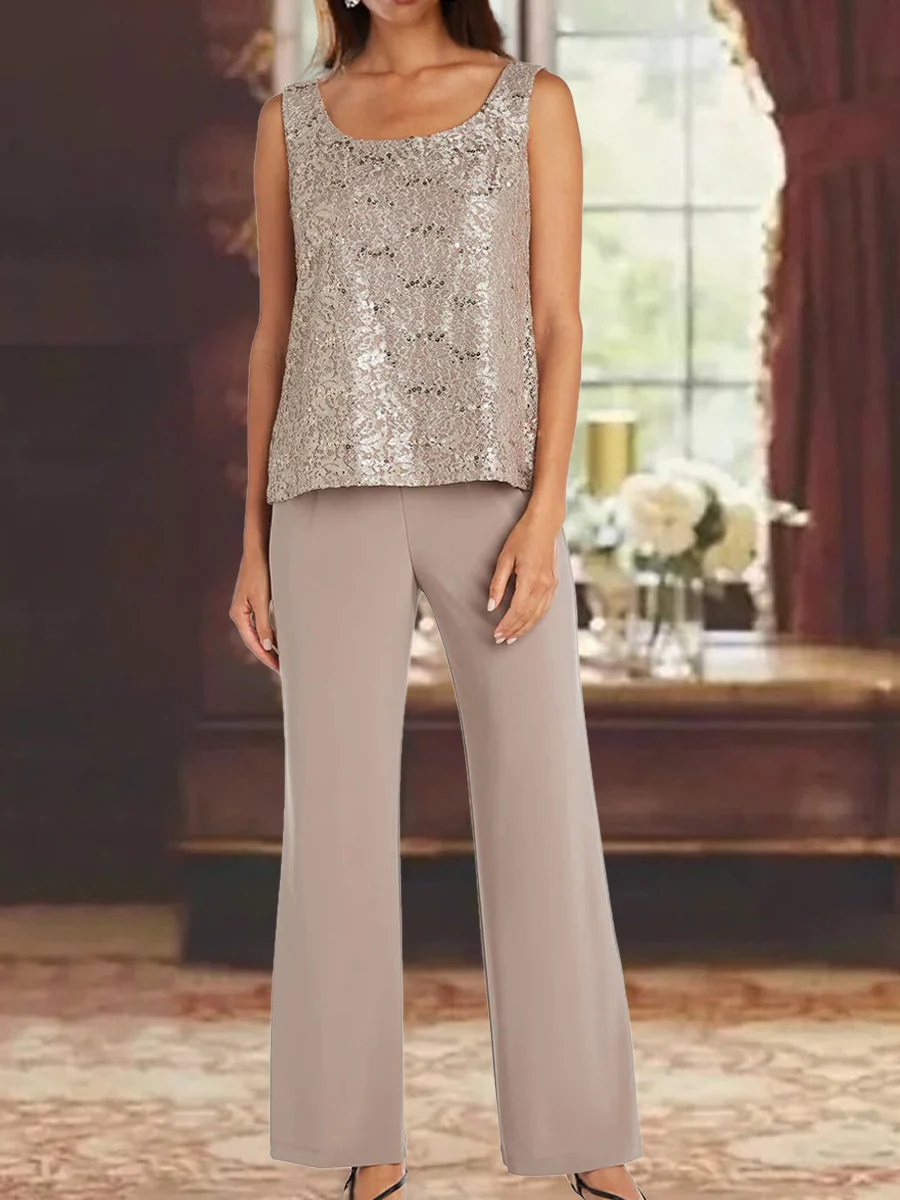 Chiffon Scoop 3/4 Sleeves Mother of the Bride Pantsuits with Lace Jacket Ankle-Length - Image 3