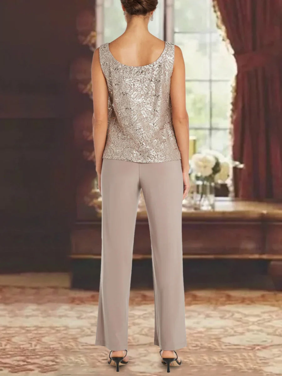 Chiffon Scoop 3/4 Sleeves Mother of the Bride Pantsuits with Lace Jacket Ankle-Length - Image 4