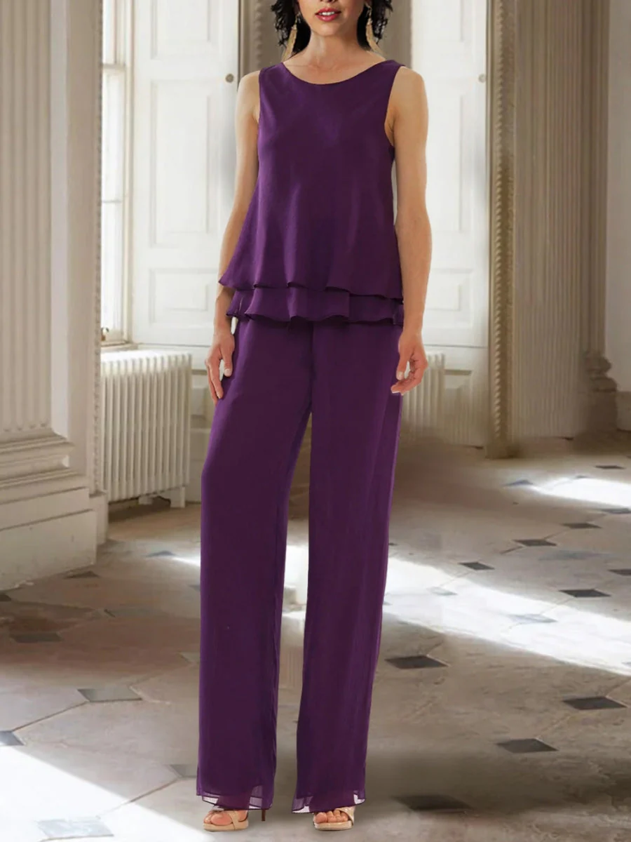 Chiffon Scoop Ankle-Length Mother of the Bride Pantsuits with Long Sleeves Jacket - Image 3