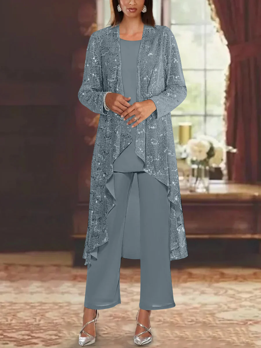 Chiffon Sequins Scoop Mother of the Bride Pantsuits with Jacket - Image 11