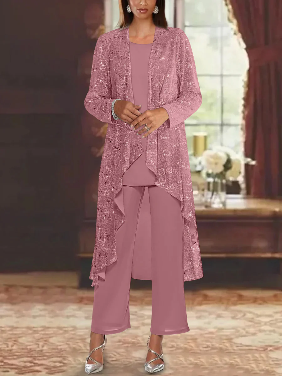 Chiffon Sequins Scoop Mother of the Bride Pantsuits with Jacket - Image 17