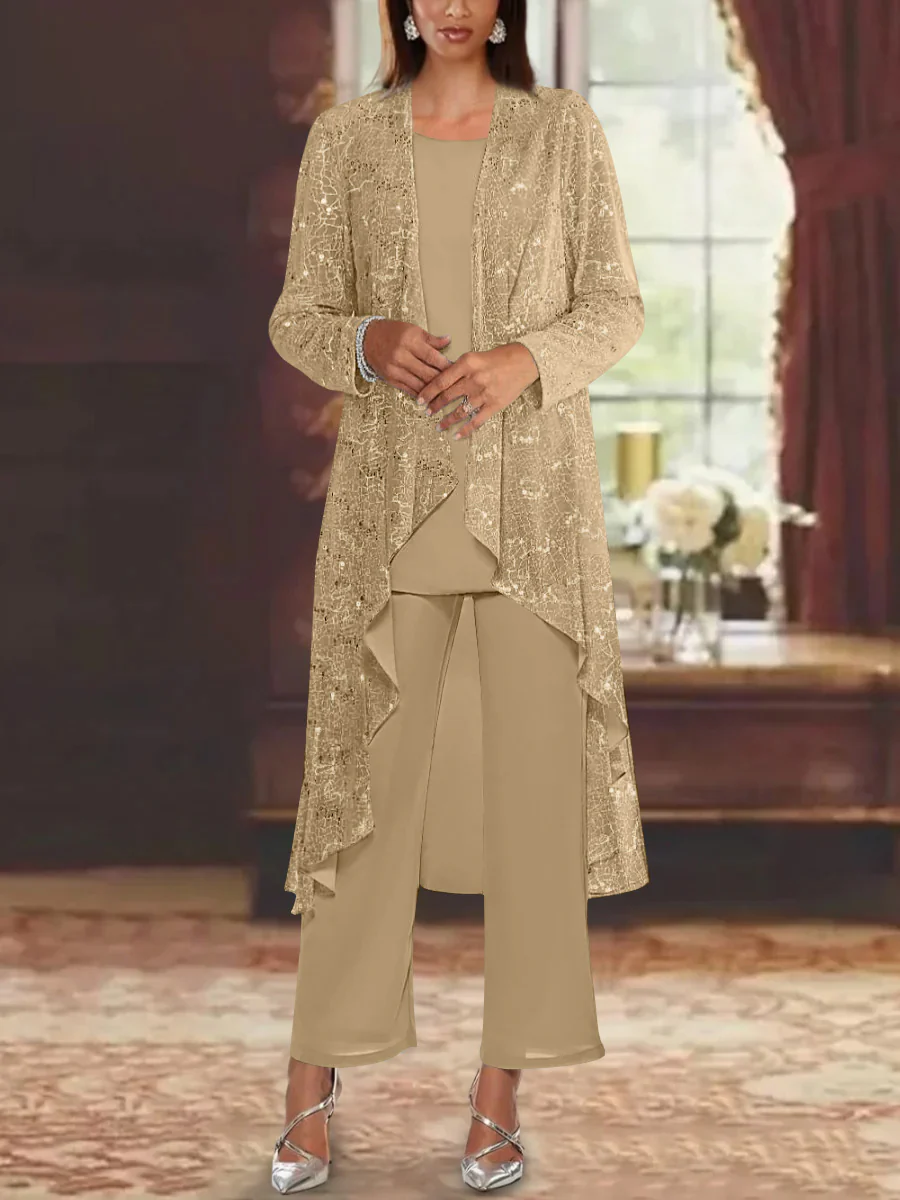 Chiffon Sequins Scoop Mother of the Bride Pantsuits with Jacket - Image 19