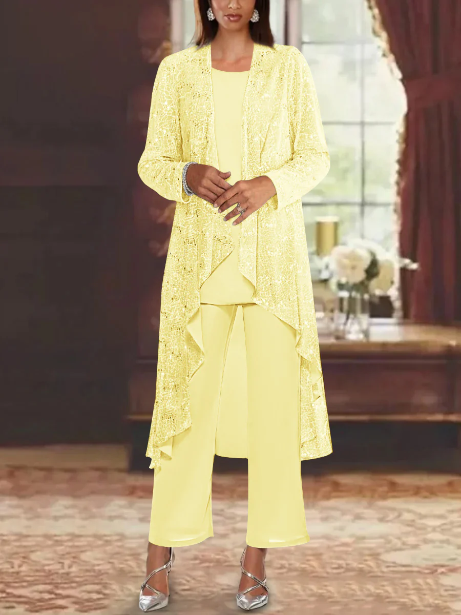 Chiffon Sequins Scoop Mother of the Bride Pantsuits with Jacket - Image 23