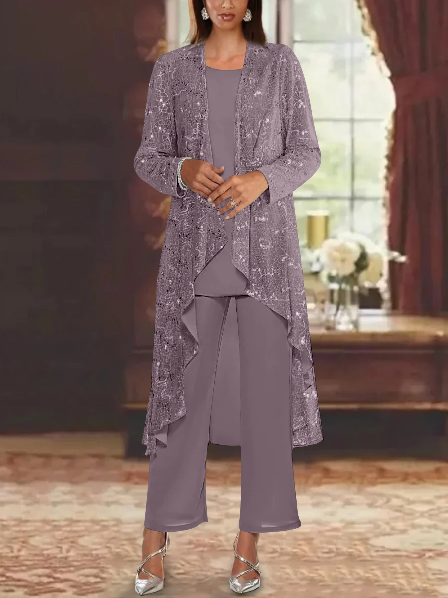Chiffon Sequins Scoop Mother of the Bride Pantsuits with Jacket - Image 25
