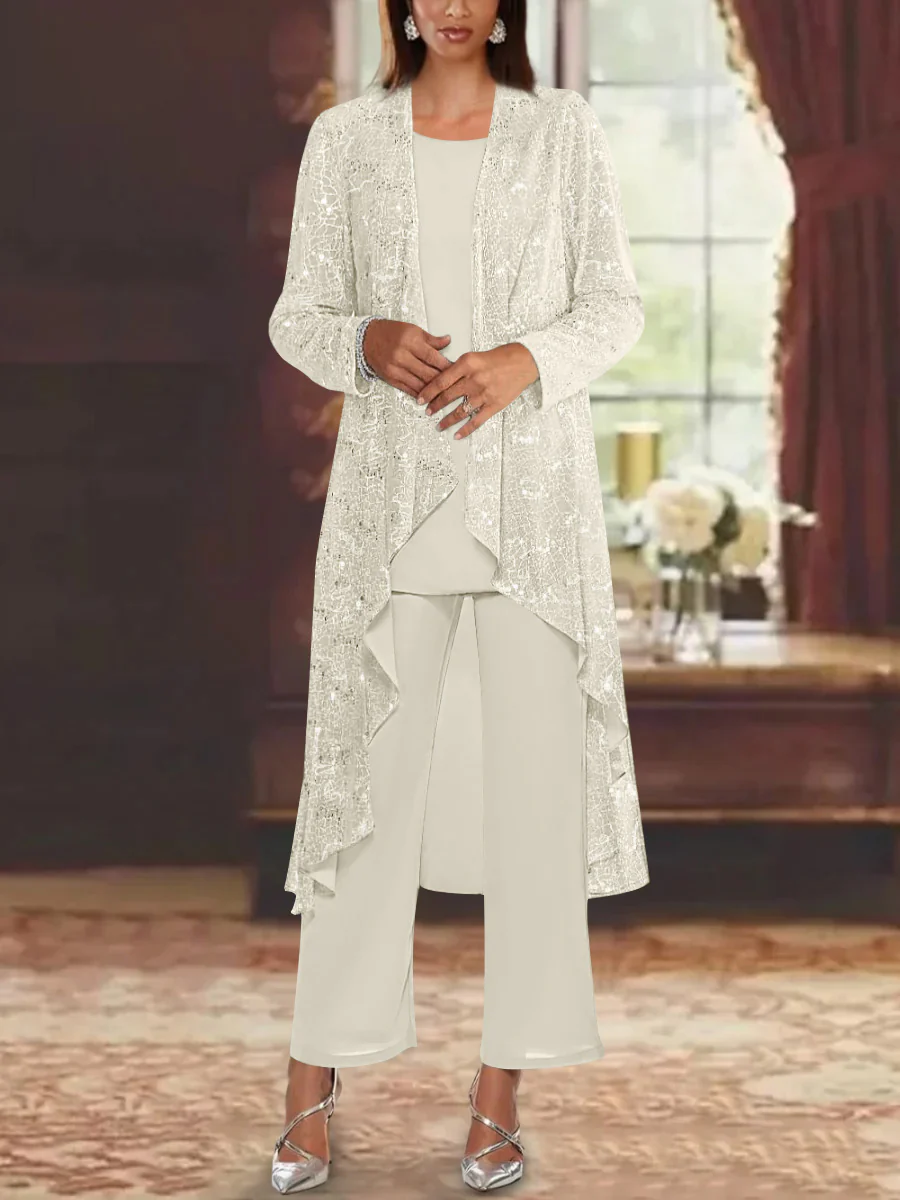 Chiffon Sequins Scoop Mother of the Bride Pantsuits with Jacket - Image 33