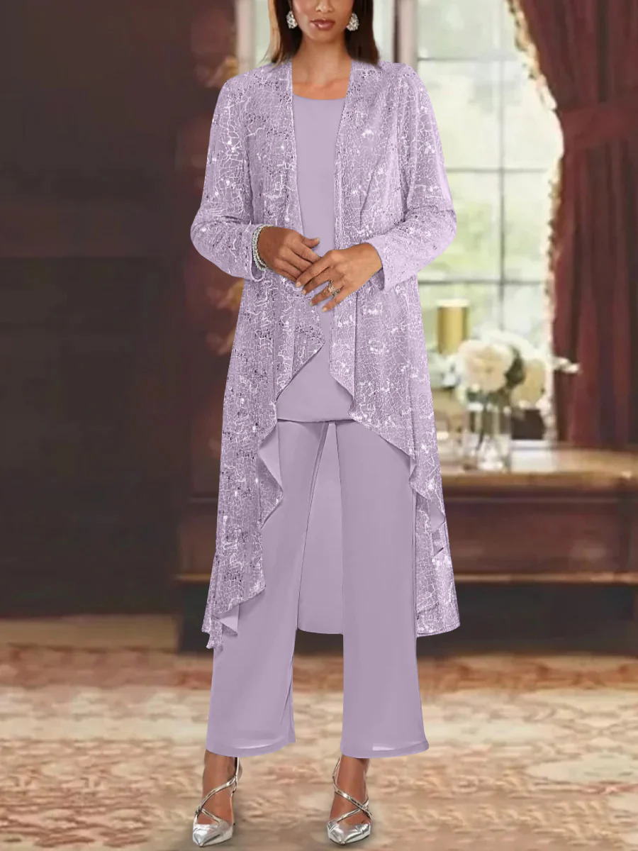 Chiffon Sequins Scoop Mother of the Bride Pantsuits with Jacket - Image 36