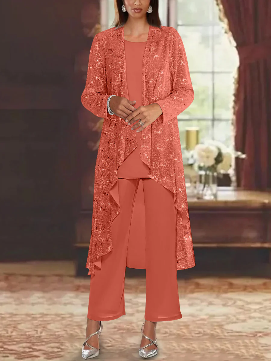 Chiffon Sequins Scoop Mother of the Bride Pantsuits with Jacket - Image 41