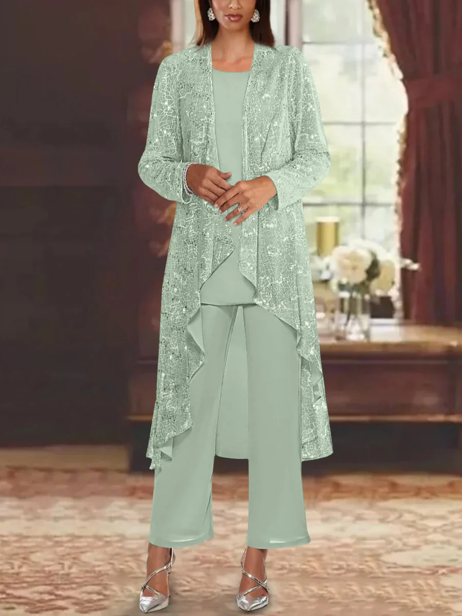 Chiffon Sequins Scoop Mother of the Bride Pantsuits with Jacket - Image 47
