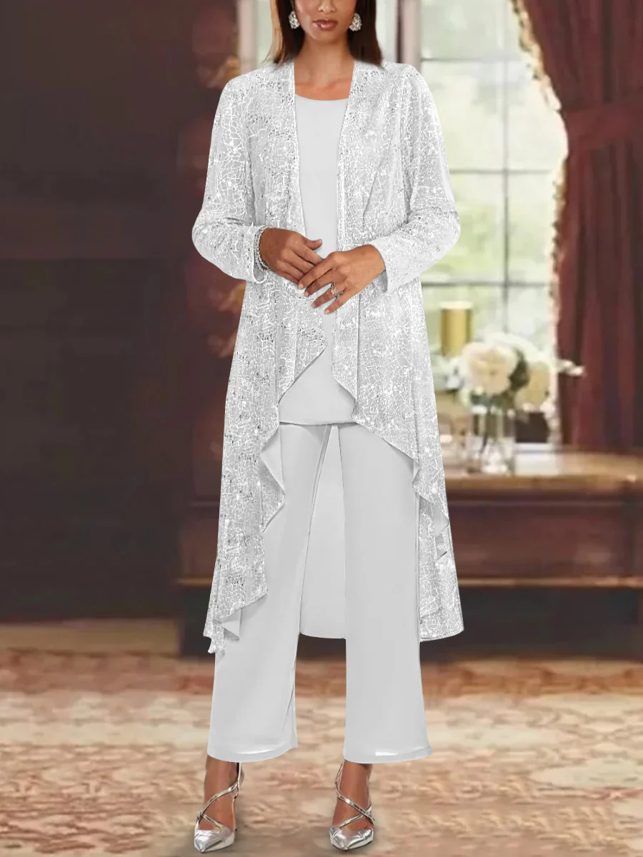 Chiffon Sequins Scoop Mother of the Bride Pantsuits with Jacket - Image 52
