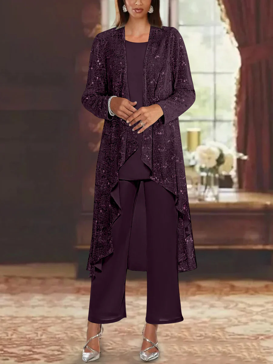 Chiffon Sequins Scoop Mother of the Bride Pantsuits with Jacket - Image 6