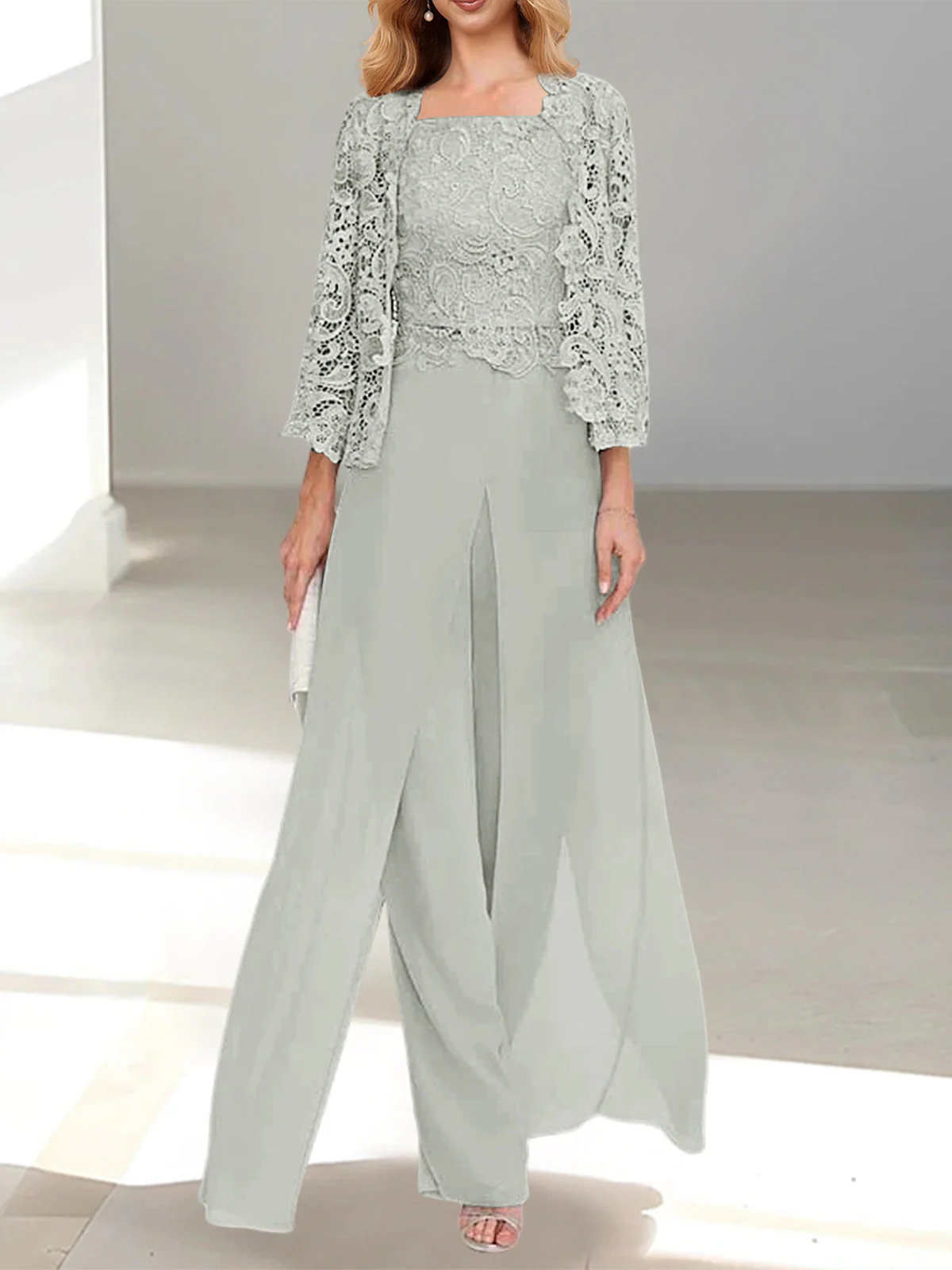 Chiffon Square Neck Floor-Length Mother of the Bride Pantsuits with Jacket & Split Side - Image 15