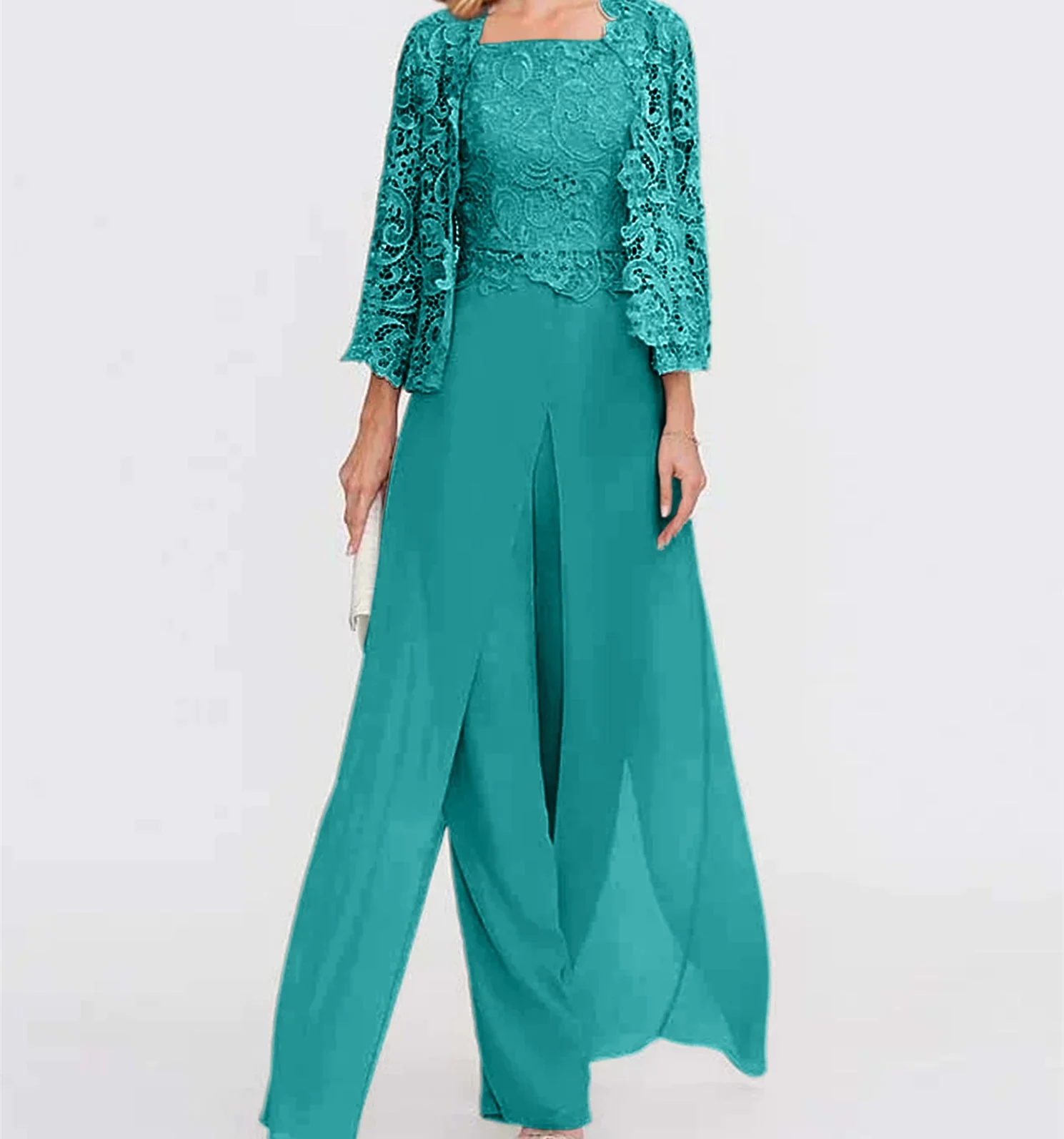 Chiffon Square Neck Floor-Length Mother of the Bride Pantsuits with Jacket & Split Side - Image 19