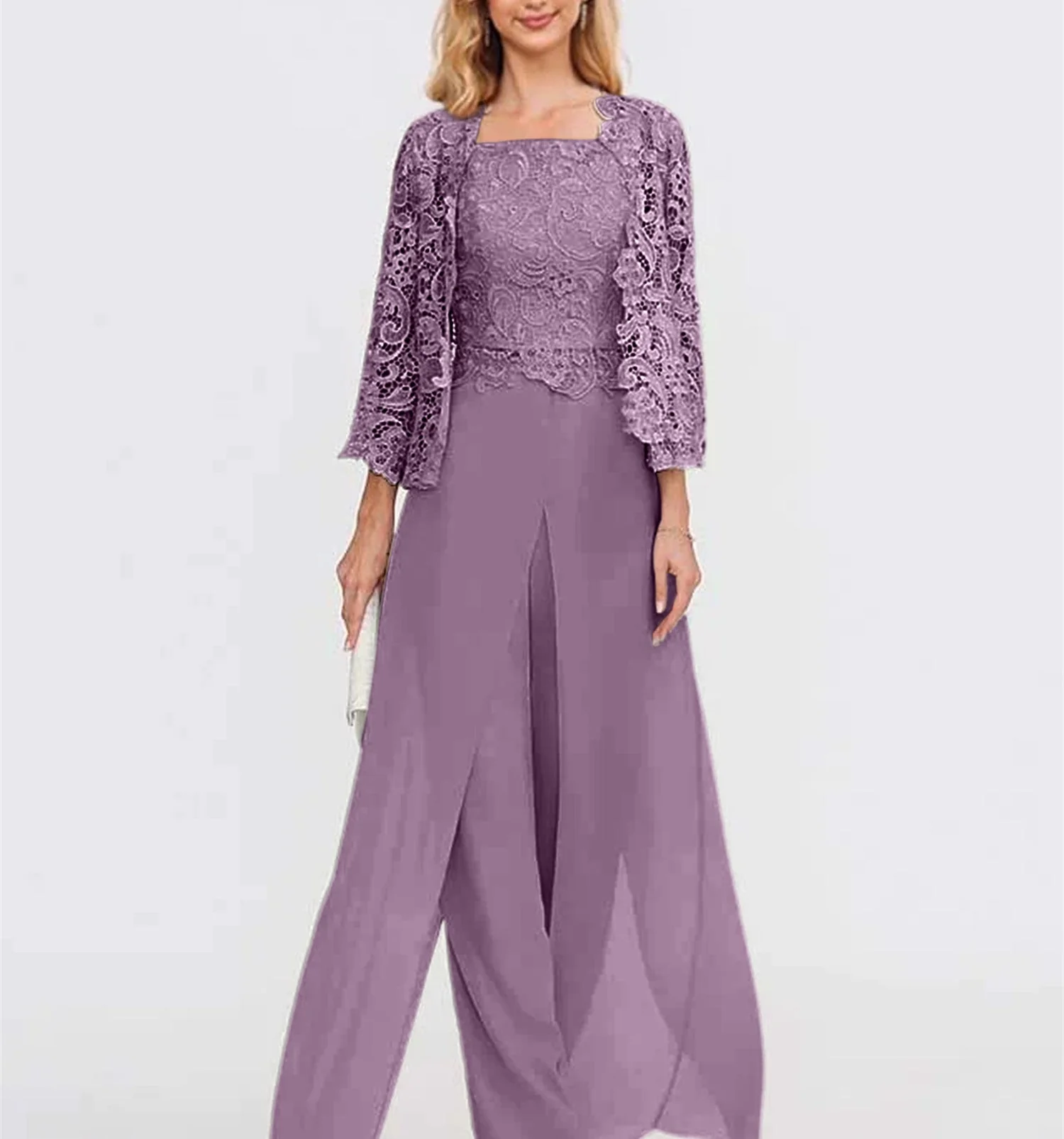 Chiffon Square Neck Floor-Length Mother of the Bride Pantsuits with Jacket & Split Side - Image 20