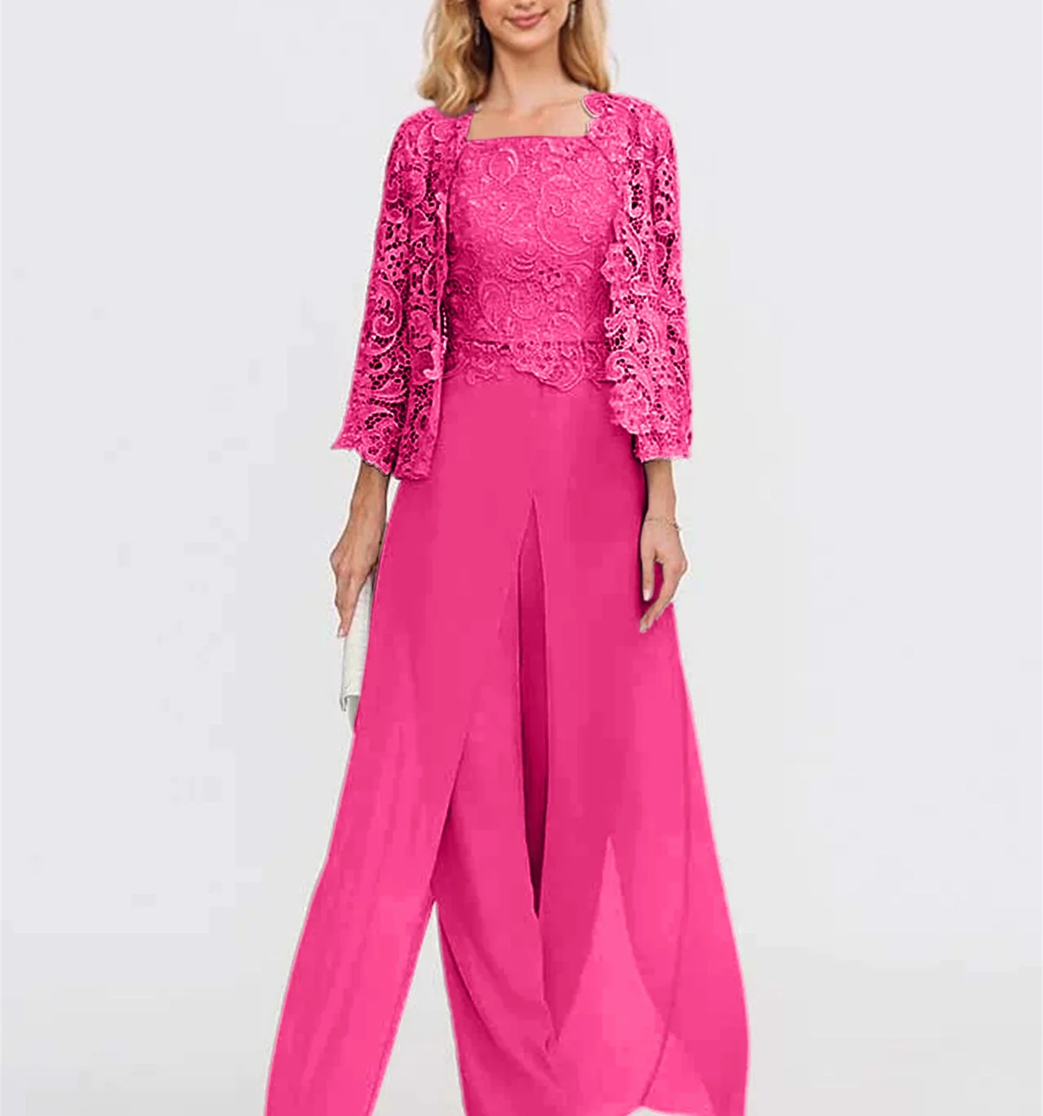 Chiffon Square Neck Floor-Length Mother of the Bride Pantsuits with Jacket & Split Side - Image 21