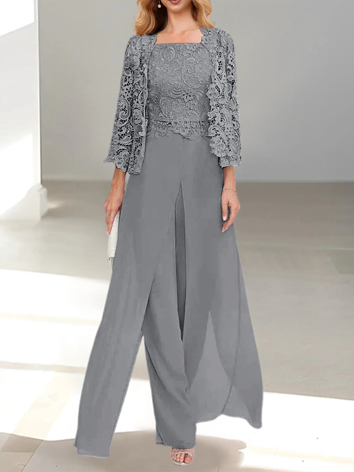 Chiffon Square Neck Floor-Length Mother of the Bride Pantsuits with Jacket & Split Side - Image 30