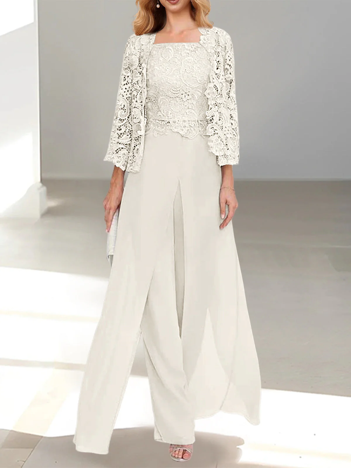 Chiffon Square Neck Floor-Length Mother of the Bride Pantsuits with Jacket & Split Side - Image 31