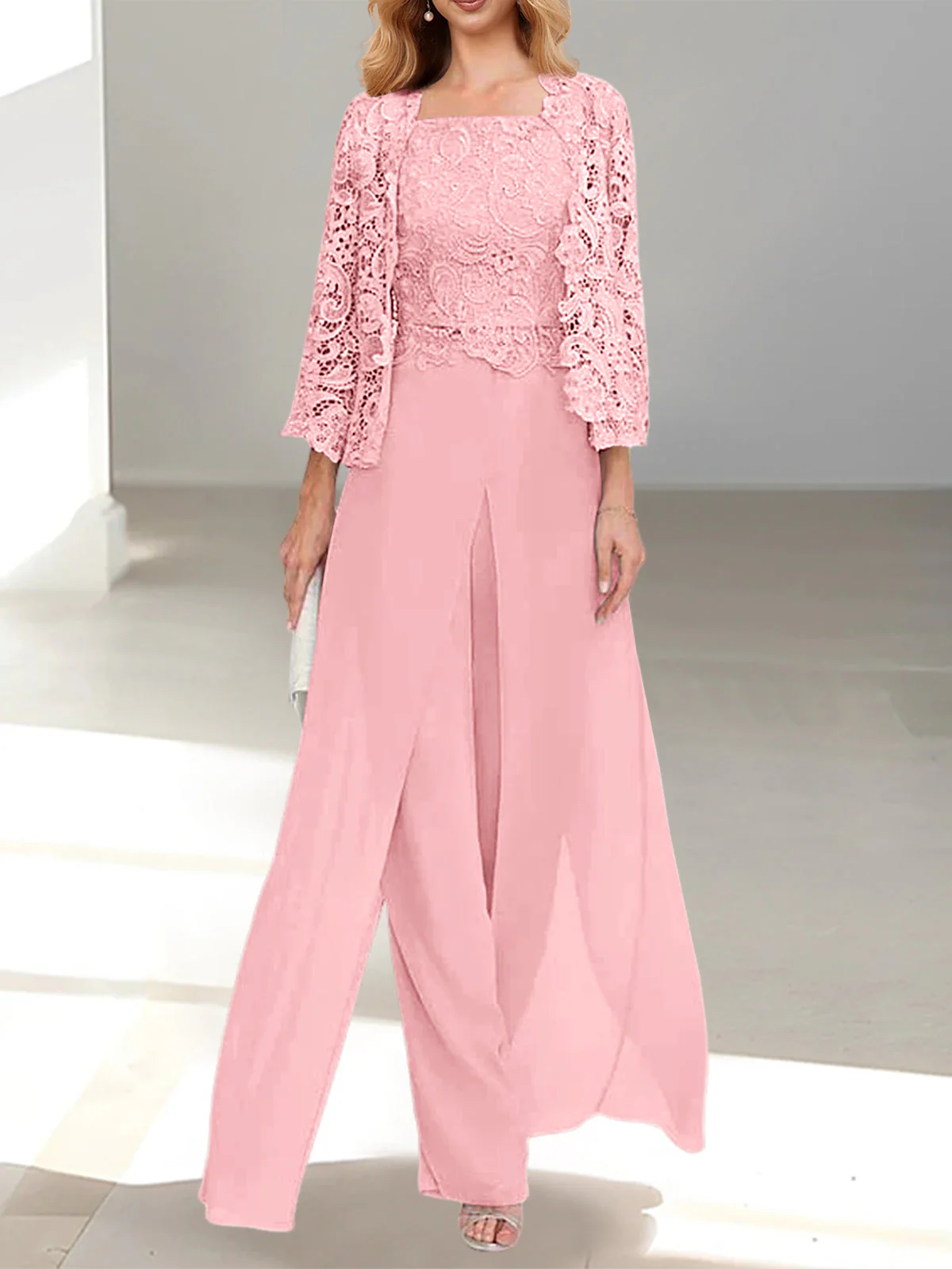 Chiffon Square Neck Floor-Length Mother of the Bride Pantsuits with Jacket & Split Side - Image 37