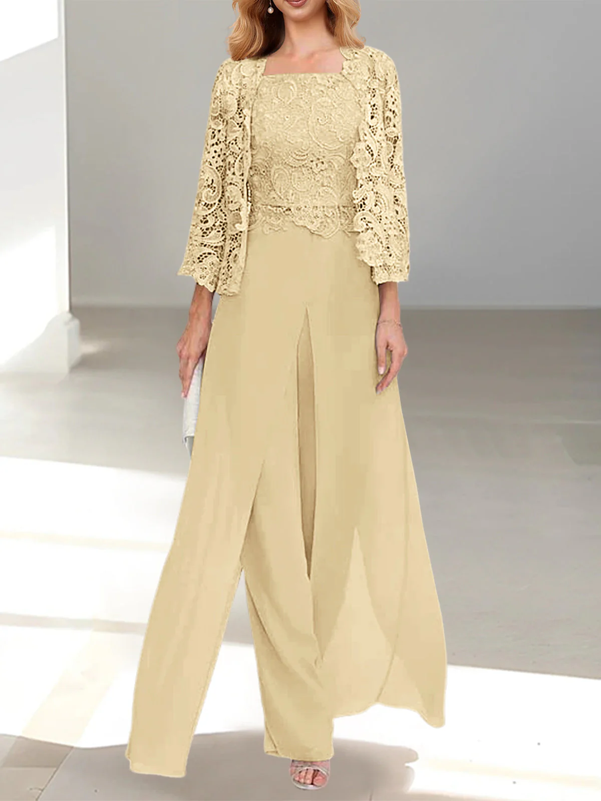 Chiffon Square Neck Floor-Length Mother of the Bride Pantsuits with Jacket & Split Side - Image 38
