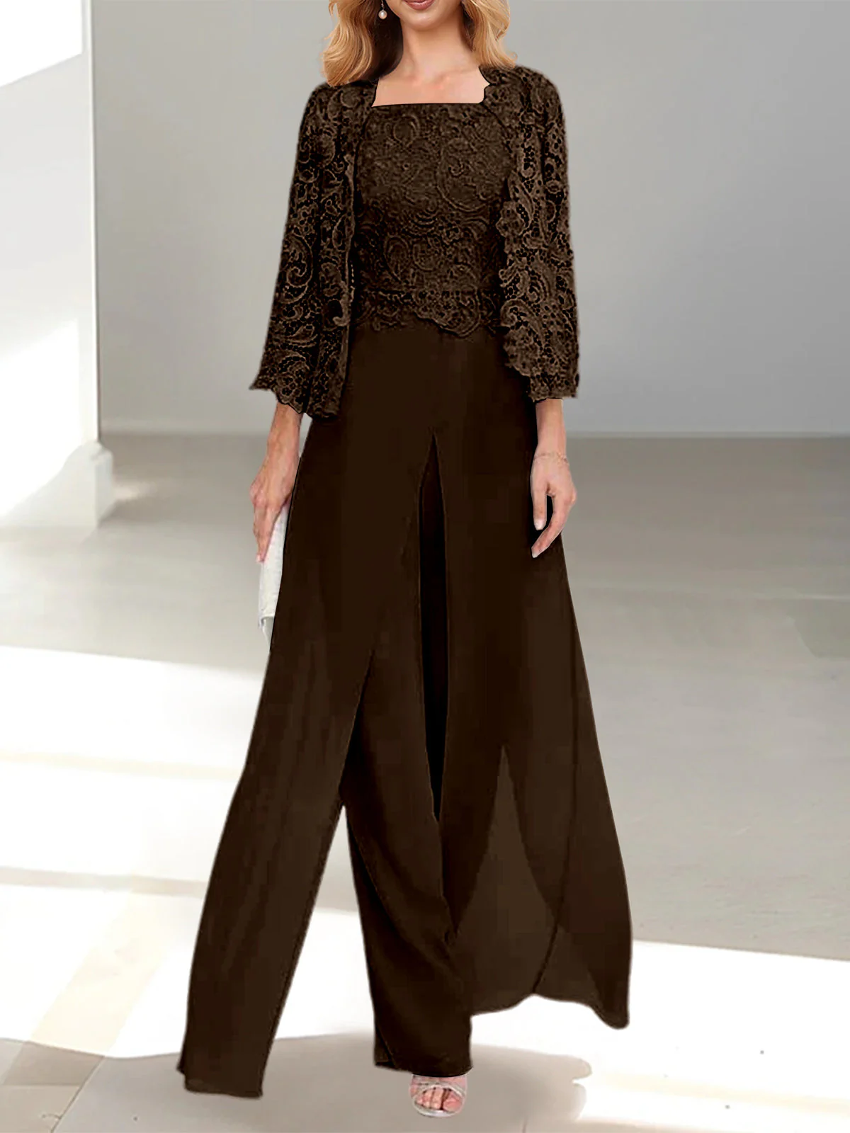 Chiffon Square Neck Floor-Length Mother of the Bride Pantsuits with Jacket & Split Side - Image 39
