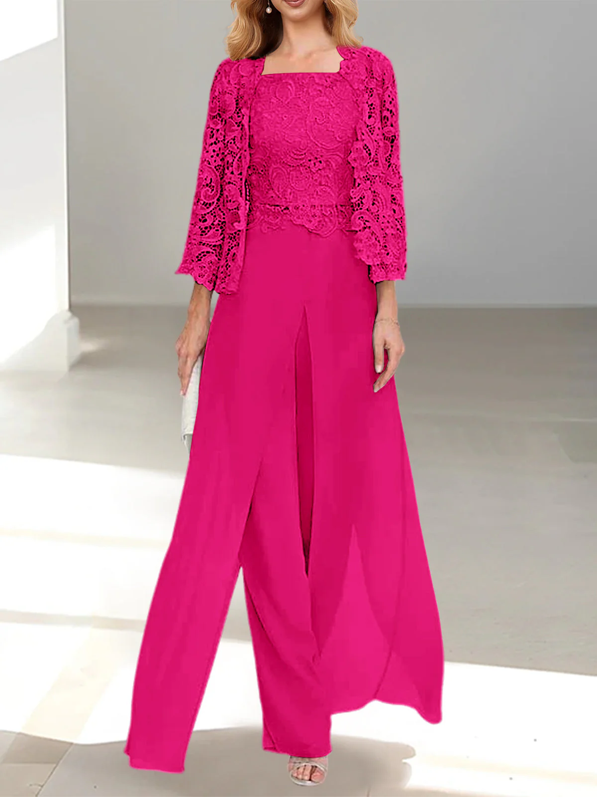 Chiffon Square Neck Floor-Length Mother of the Bride Pantsuits with Jacket & Split Side - Image 45